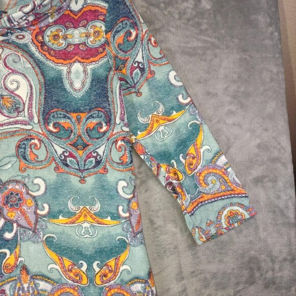 Chicos Womens‎ M Blue Orange Paisley Cowl Neck Top Boho Artcore Resort Vacation - Picture 5 of 9